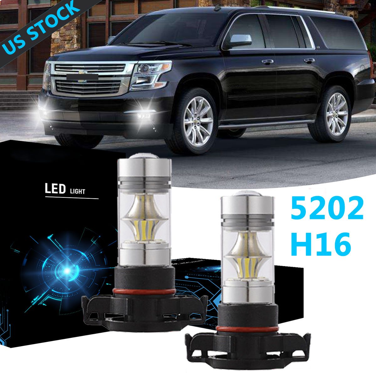 2PC 100W 5202 H16 LED Fog Light Bulbs Lamp White 6000K For Chevy Tahoe