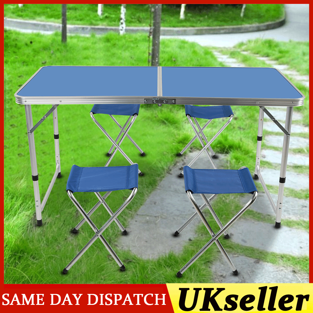 Folding Camping Picnic Table W 4 Chairs Stool Up Garden Kitchen