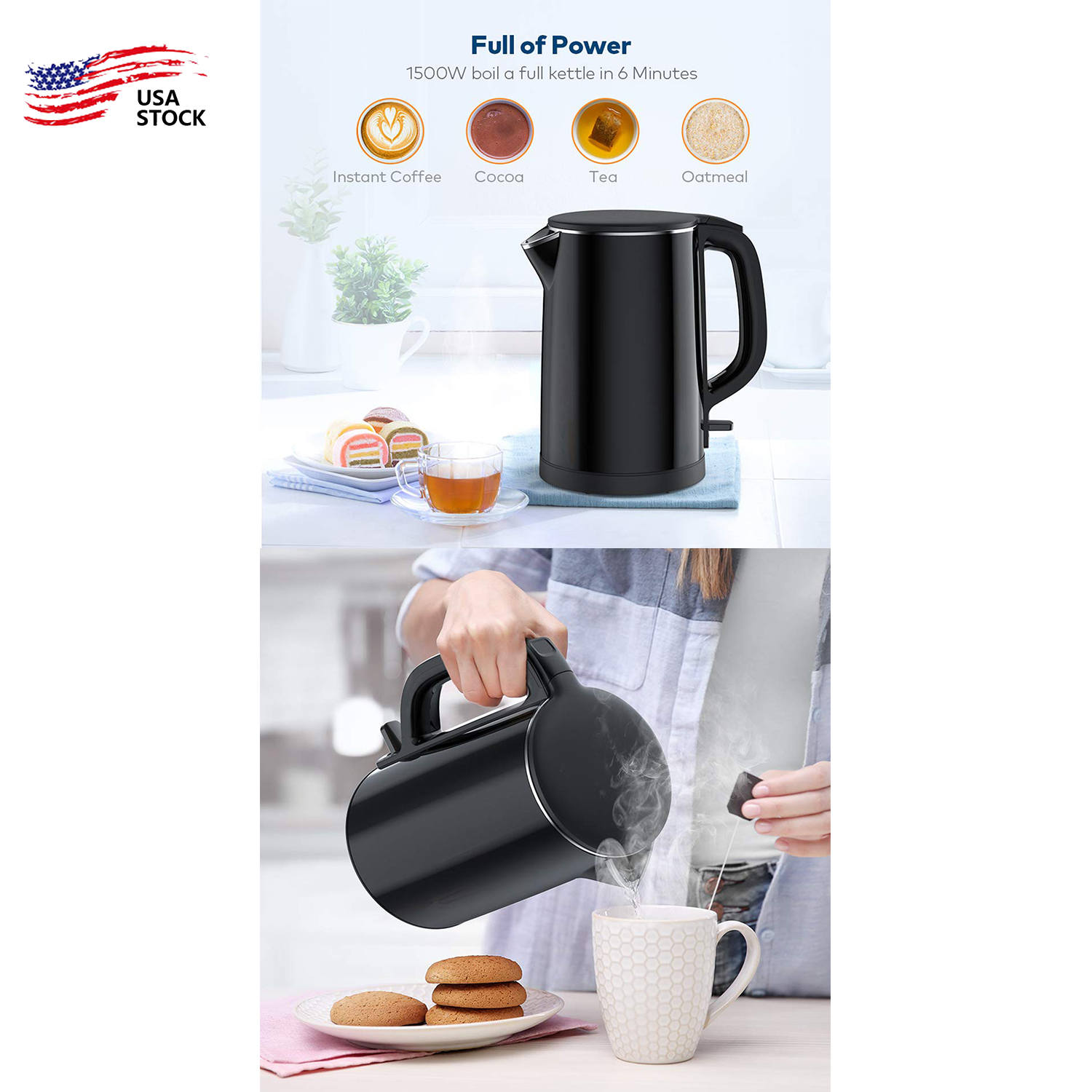 Miroco Electric Kettle Tea Kettle Double Wall Stainless Steel Cool