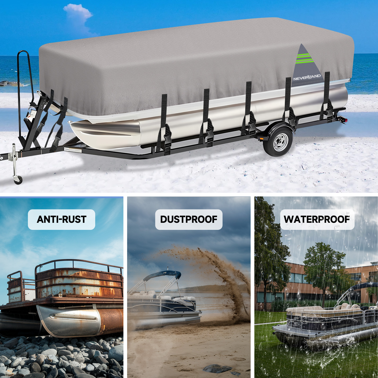 thumbnail image 2 of RVMasking Heavy Duty Pontoon Boat Cover – Waterproof, 1200D Polyester, Fits 21-24ft Boats (Up To 102" Beam) W/ Motor Cover 2 of 6