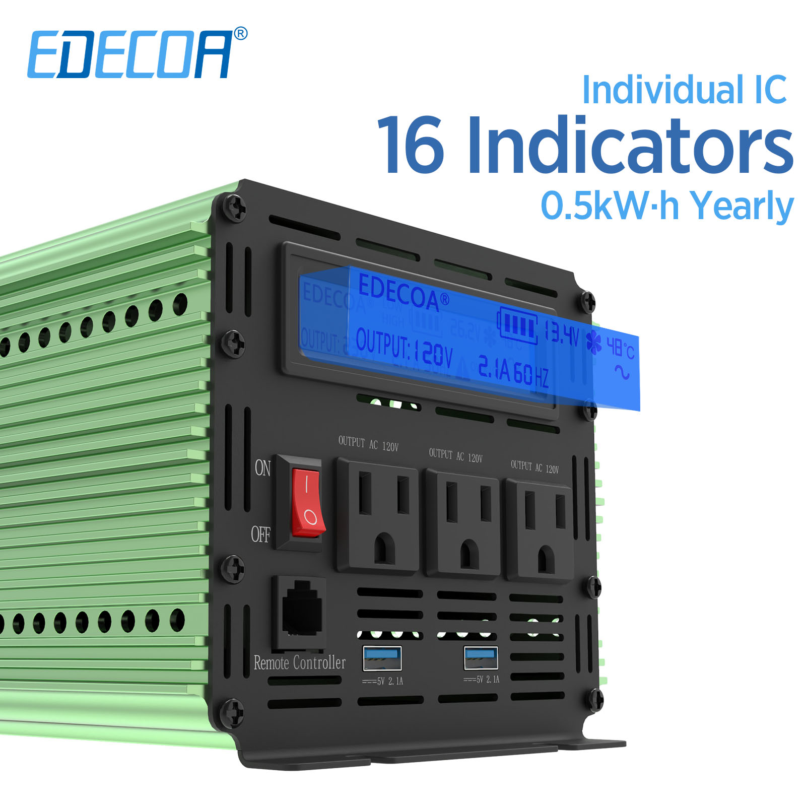 thumbnail image 2 of EDECOA 1500W Pure Sine Wave Power Inverter – 12V DC To 110V/120V AC With LCD, USB, Remote For RV/Truck 2 of 5