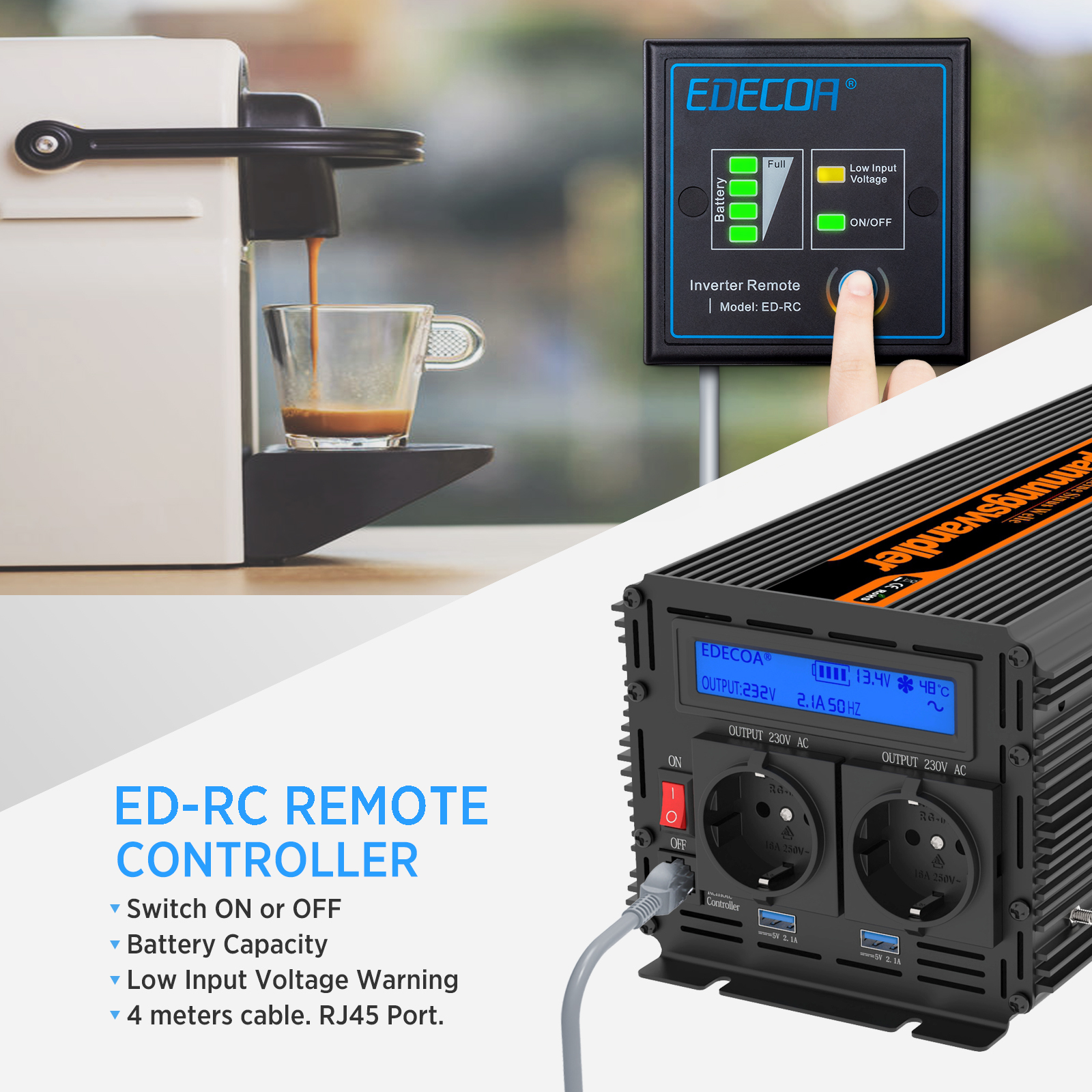 EDECOA Onduleur 12V 220V 2000W Avec Télécommande 2 USB - Onde Modifiée Isolation Galvanique 2e Génération