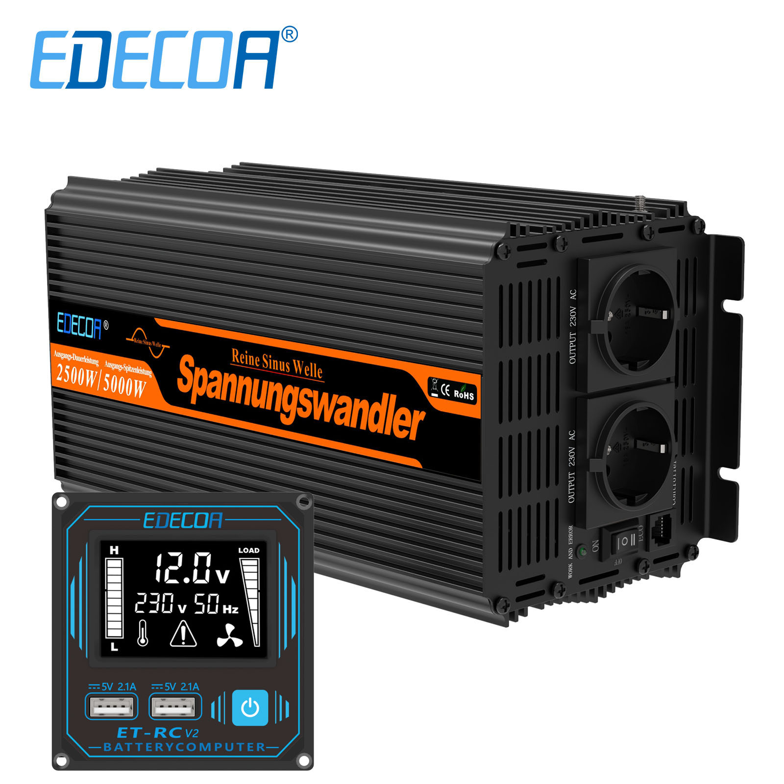 Ab EUR 386,55: EDECOA Pro Wechselrichter 2500W mit Ladegerät und  Netzvorrangschaltung Steuersatz 0% MwSt. (Solarförderung gemäß §12 Abs. 3  UStG.)