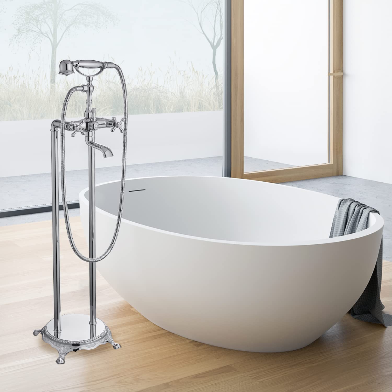 Bathtub Floor Mount Tub Filler W/Hand Shower Telephone Shape