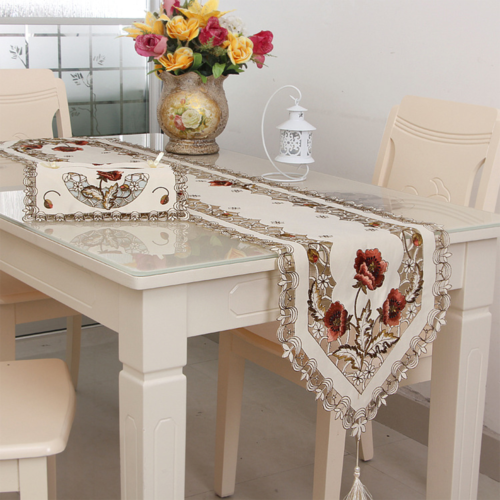 Dining Table Runner Embroidered Flower Tassel Cutwork Home Decorative