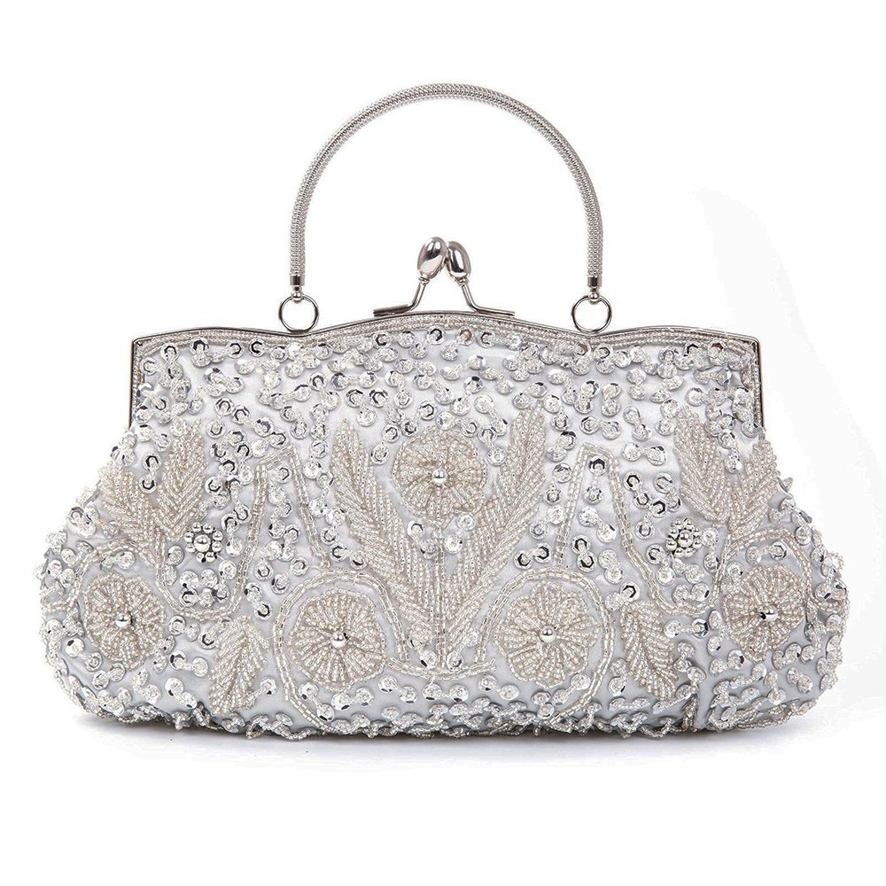 Bead Sequined Clutch Purse Metal Frame Evening Bag Party Bridal Wedding ...