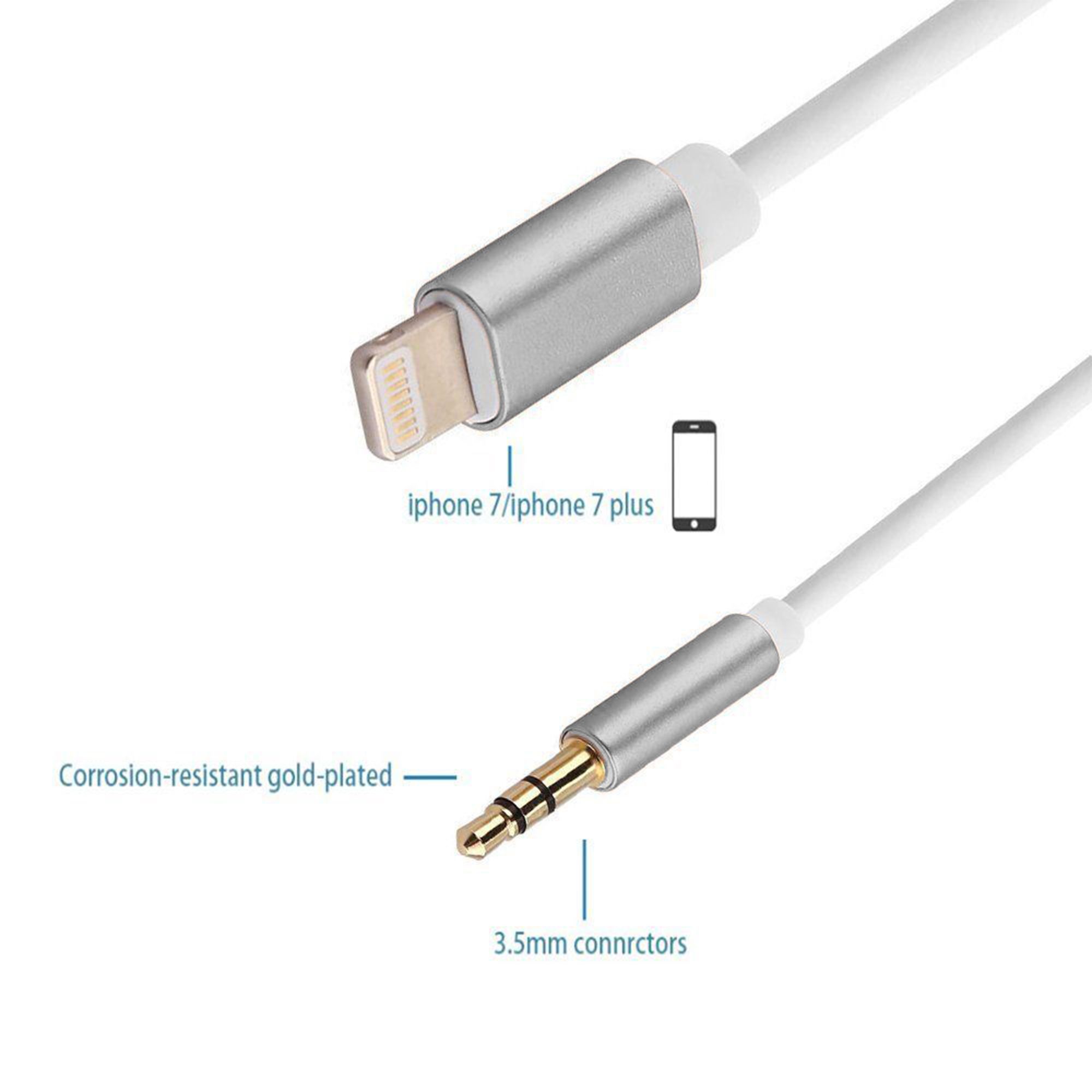 Phone Connecter to 3.5mm Jack Male Audio AUX Lead Cable iPhone Car