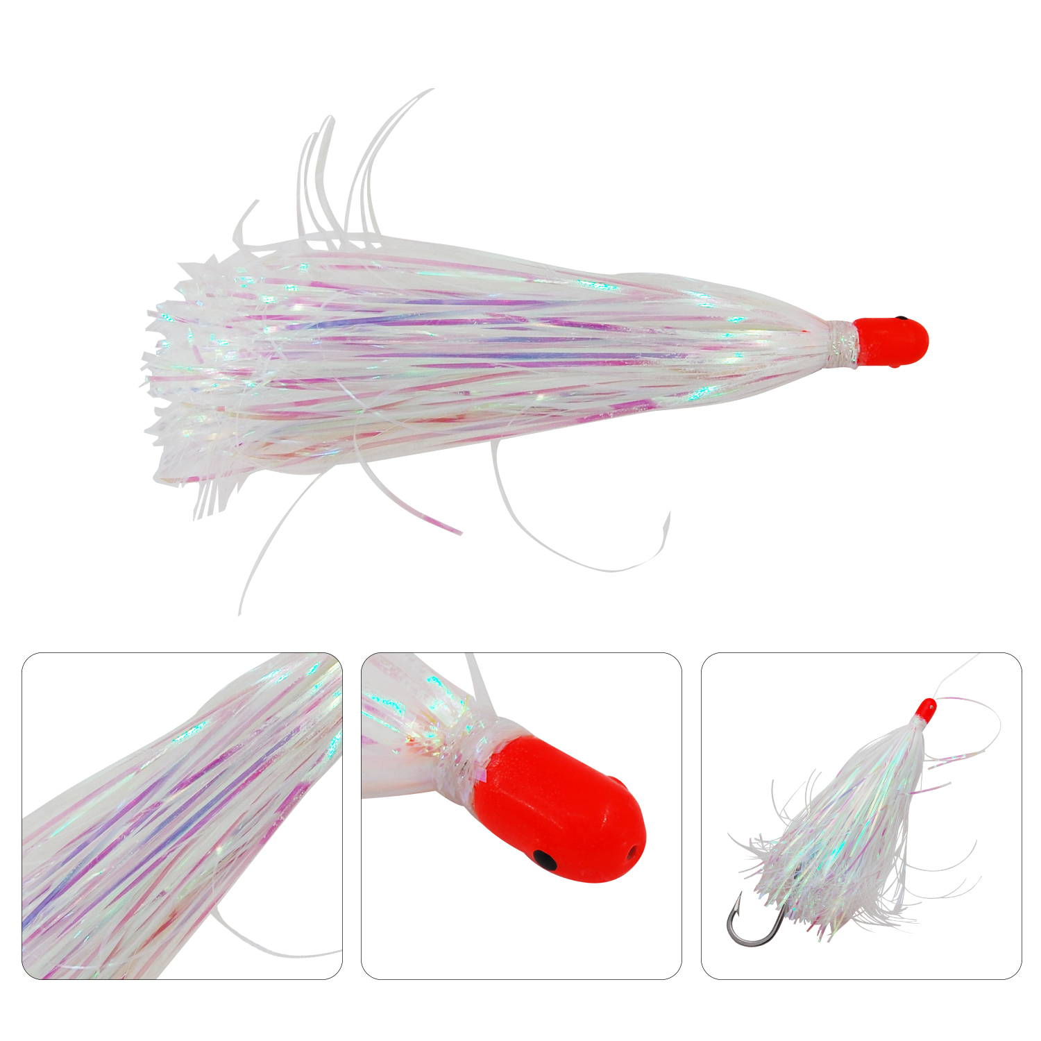 Jig Head Fishing Lure Mylar Flash Sea Striker Teaser Tail with Skirted Hair 5Pcs