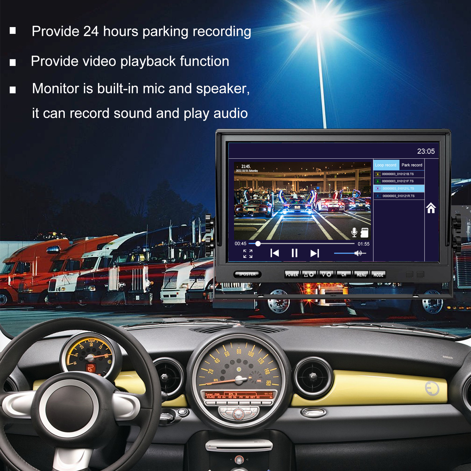 7 Inch Rear View Mirror Monitor Kit With IR Night Vision Camera – 4 Pin Square Connector For Vans & Trucks