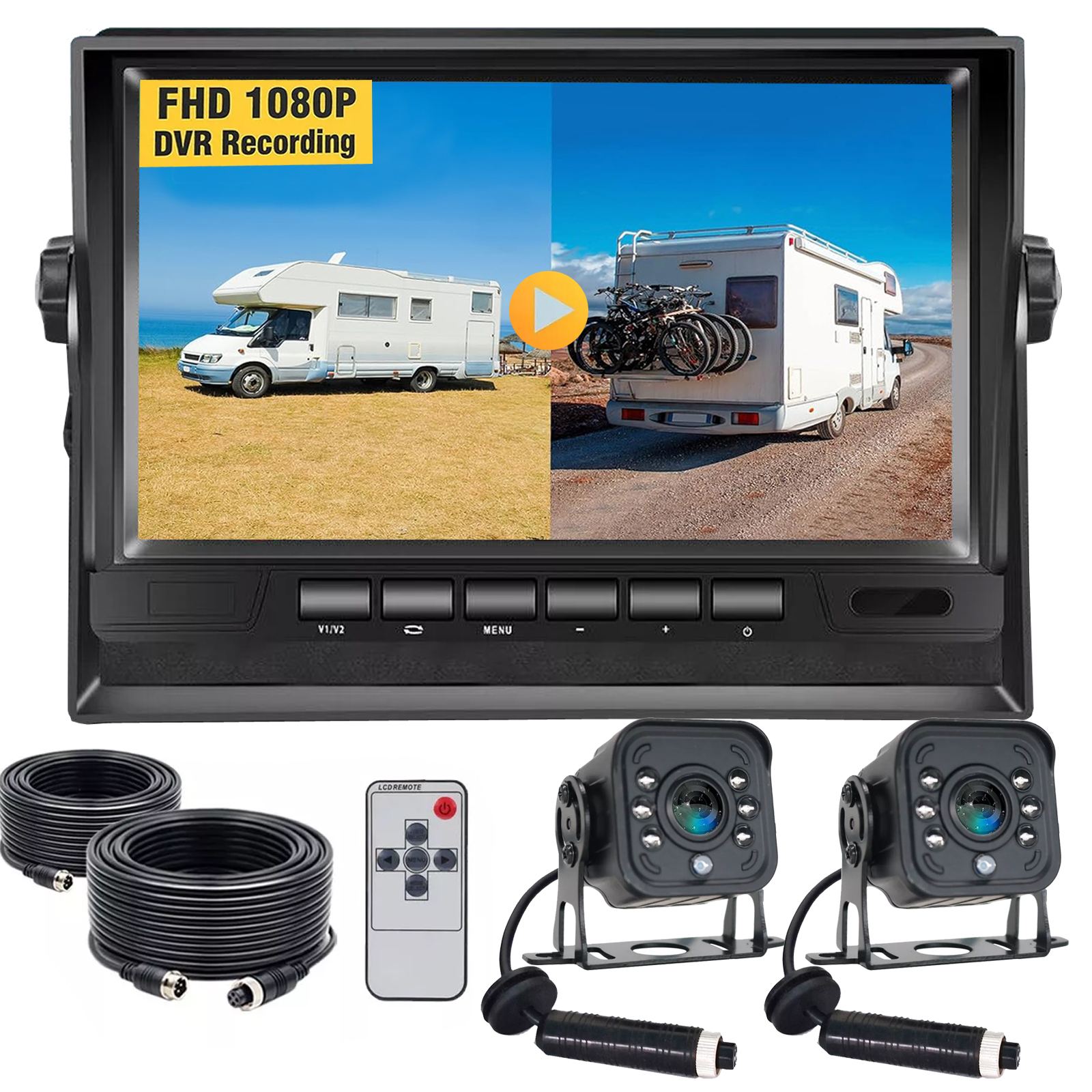 RV Backup Camera Kit AHD 1080P Backup Camera System - 7" Split Screen Monitor With Two Night Vision Cameras Split Screen Monitor Dual Camera