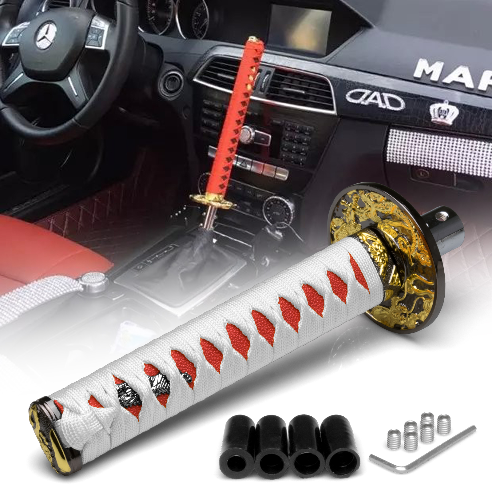 Samurai Sword White Red ShiFT Knob Shifter Alloy Katana Adapters