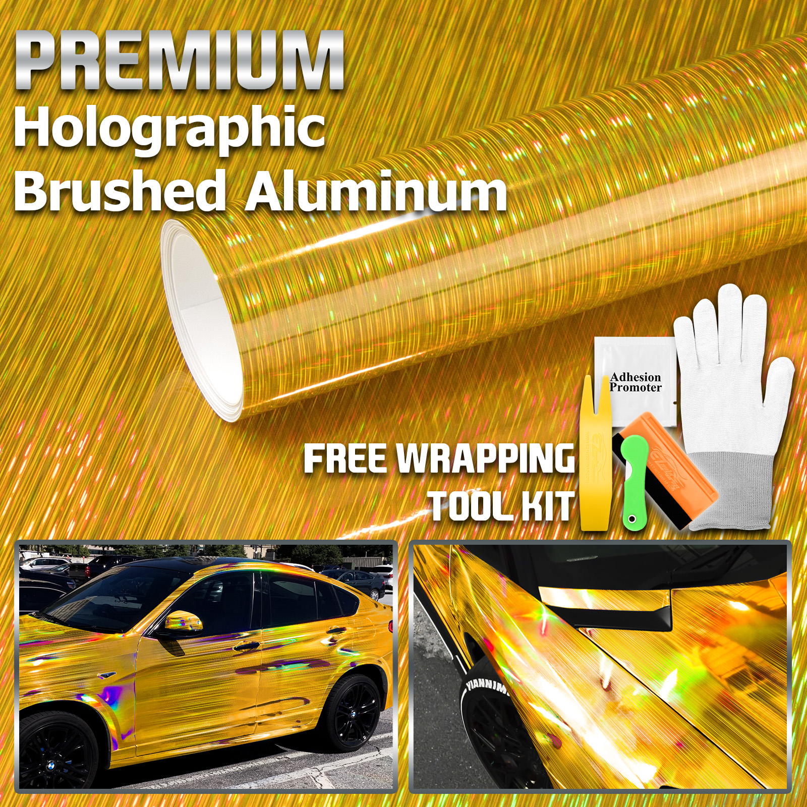 4FTx5FT Holographic Brushed Aluminum Gold Rainbow Car Vinyl