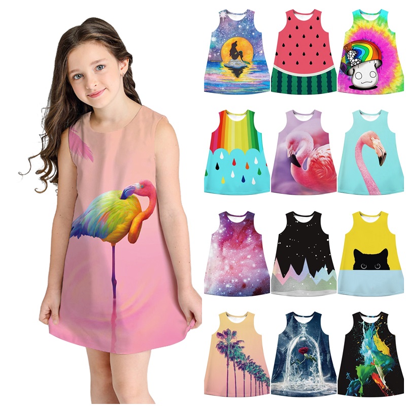 Kids Grils Unicorn Flamingo Print Short Sleeve Princess Swing Mini Tutu Dress