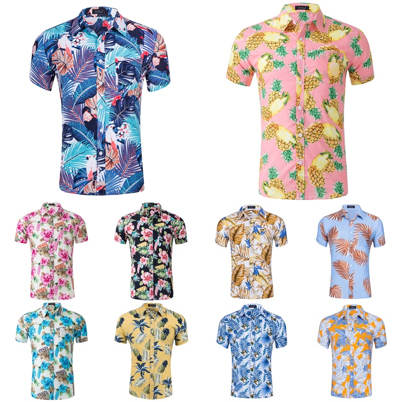 Mens Shirts,Original Flower and Leaves Printed Casual Button Down Shirt Short Sleeve Beach Hawaiian Shirt