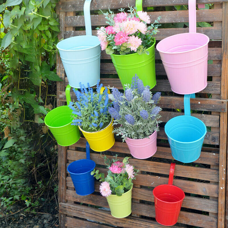10x Colorful Flower Pots Metal Hanging Balcony Plant Pot Patio Garden Decor Ebay