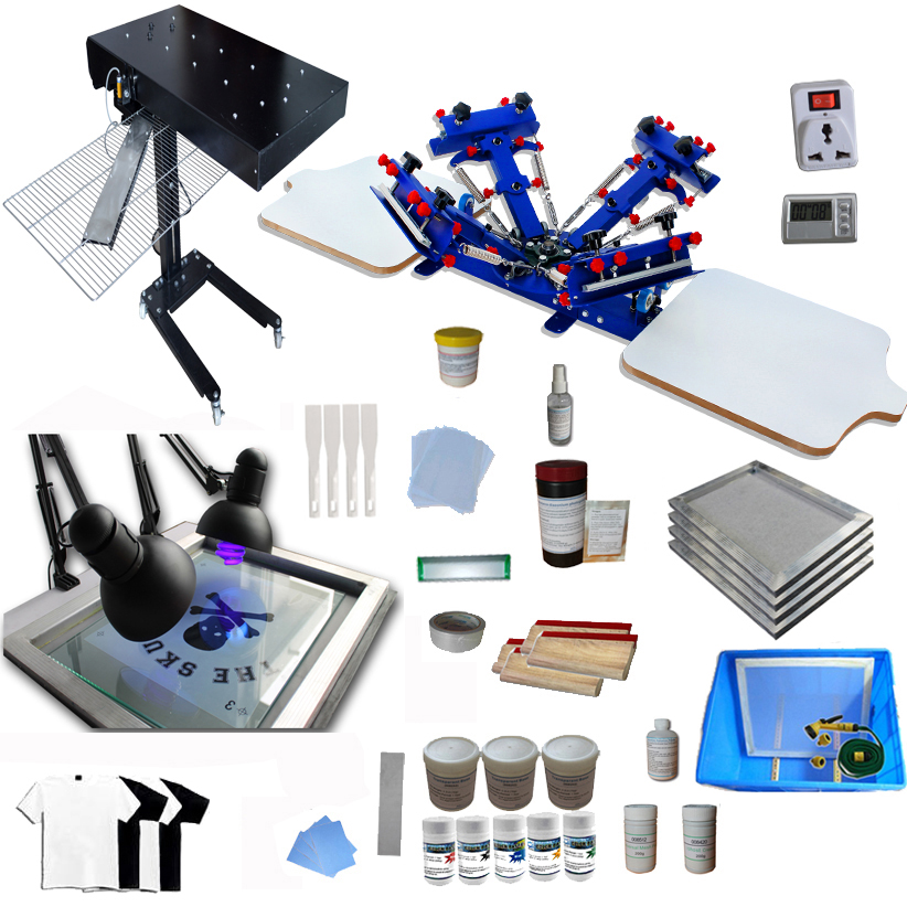 Full Starter Materials 4 Color 2 Station Screen Printing Kit Press Machine DIY