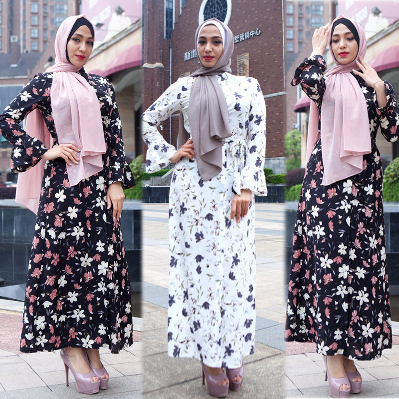 Abaya Dubai Women Flower Dress Muslim Kaftan Islamic Jilbab Long Maxi ...