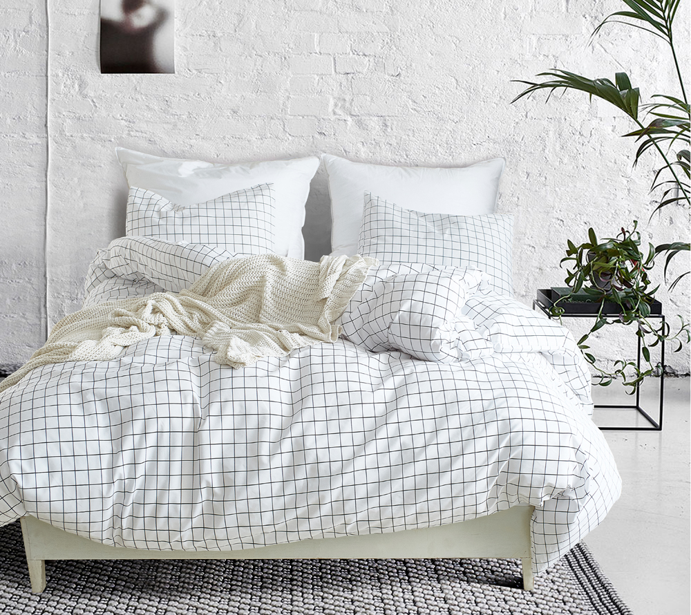 Reversible Grid Bedding Sets White Duvet Quilt Cover Pillow Case Twin//Queen//King