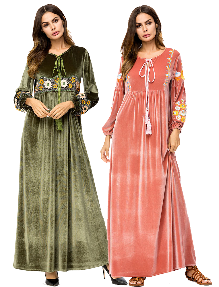 Women Muslim Dress Velvet Abaya Embroidery Warm Dubai Long Maxi Gown
