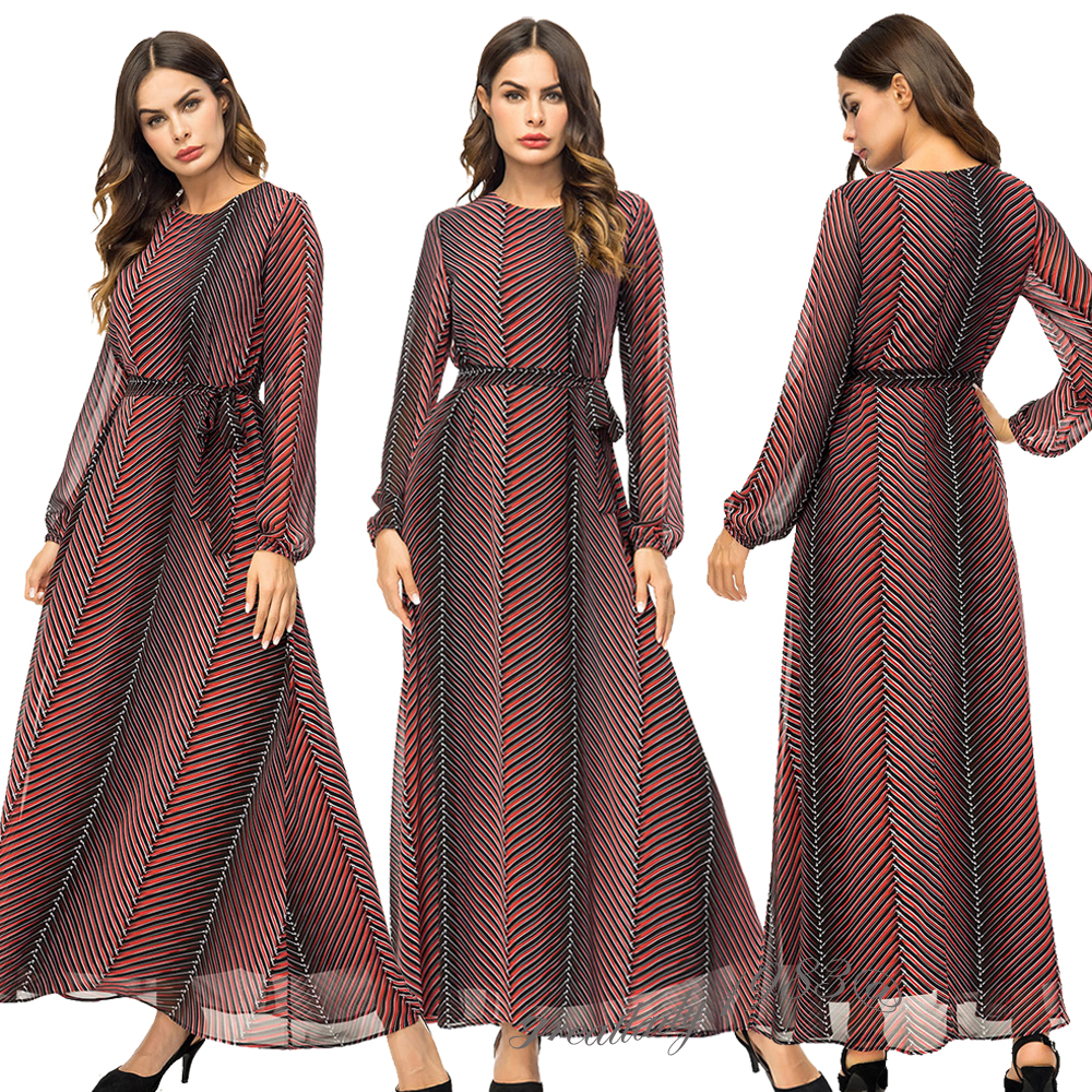 Women Muslim Stripes Chiffon Long Maxi Dress Kaftan 