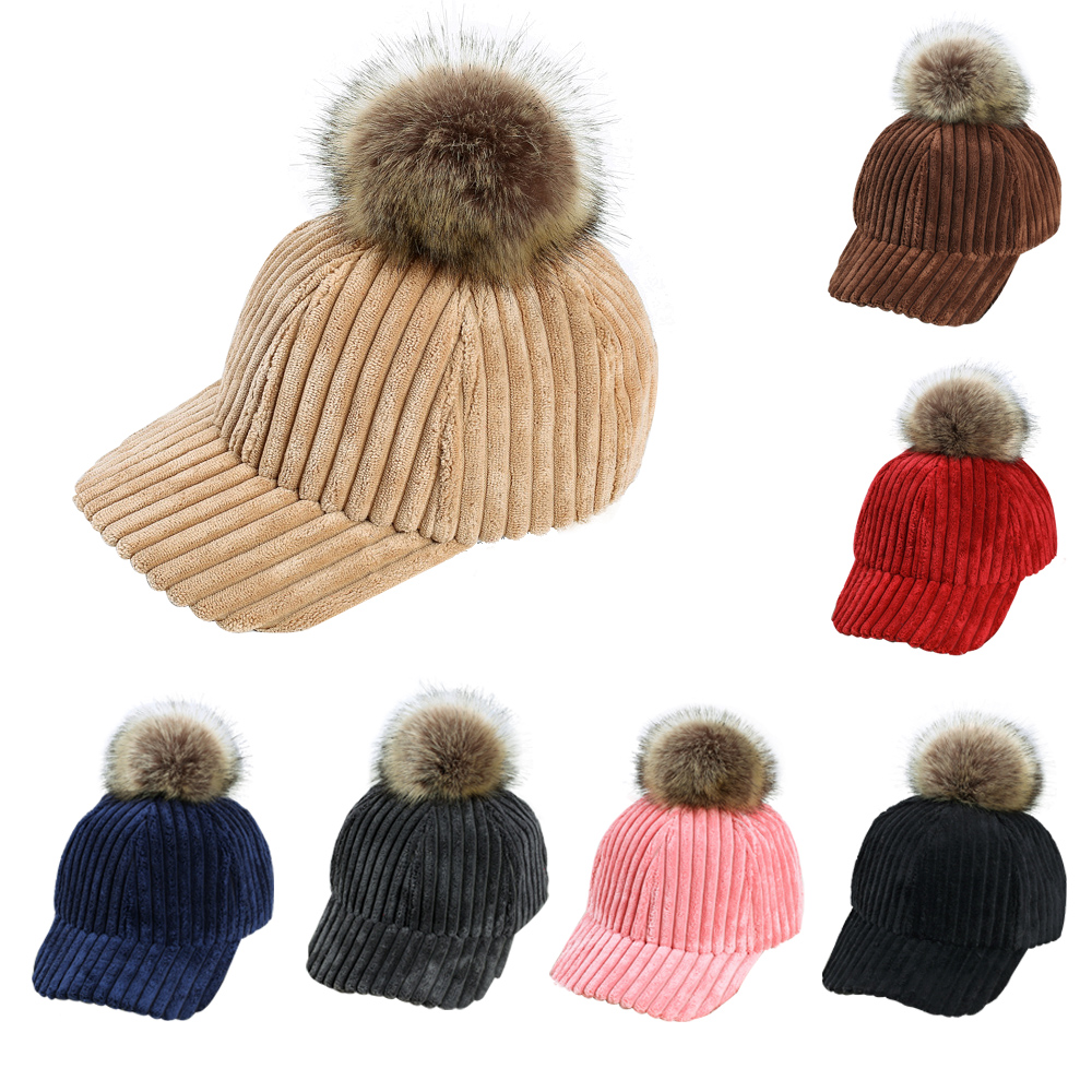 Unisex Women Faux Fur Pom Ball Adjustable Baseball Cap HipHop Hat