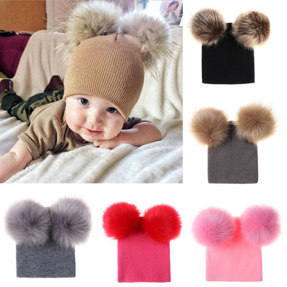 Baby Newborn Kids Woolly Pom Pom Ball Knitted Bobble Hat Beanie Warm Winter Cap