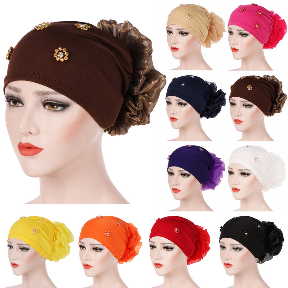 Download Night Vision Women Solid Floral India Hat Muslim Ruffle Cancer Chemo Beanie Turban Wrap Cap ...