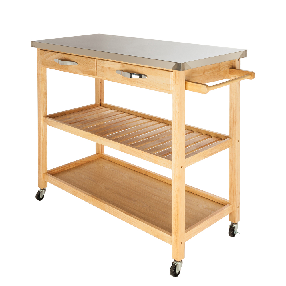Wood 2 Shelves Drawers Large Size Kitchen Island Rolling Cart Stainless