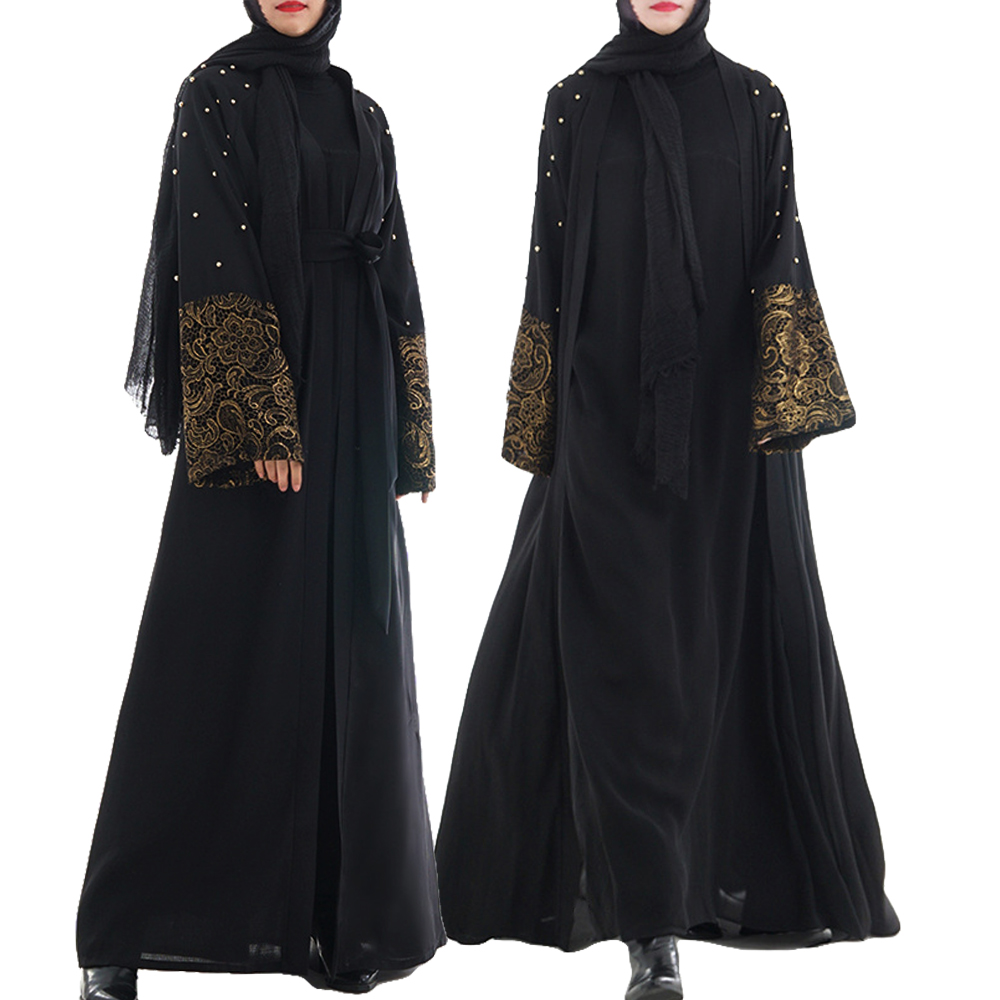 Dubai Beaded Kaftan Muslim Open Abaya Maxi Party Dress Arab Jilbab Robe Cardigan