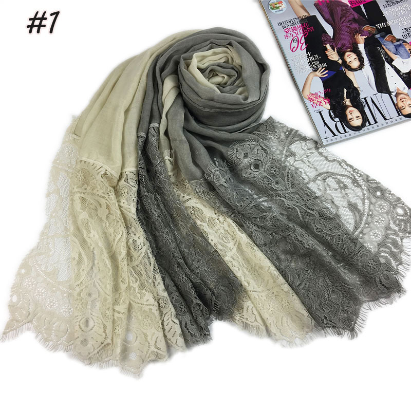 Women Floral Lace Edges Hijab Shawls Cotton Muslim Scarves Head Wrap