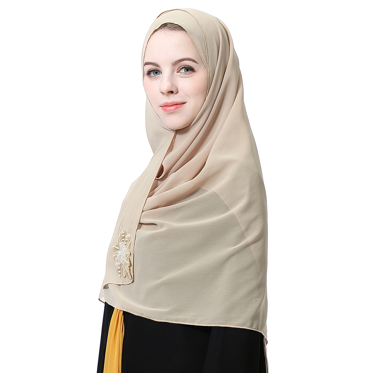 Muslim Women Chiffon Scarf Head Wrap Islamic Beaded Hijab Shawl Amira