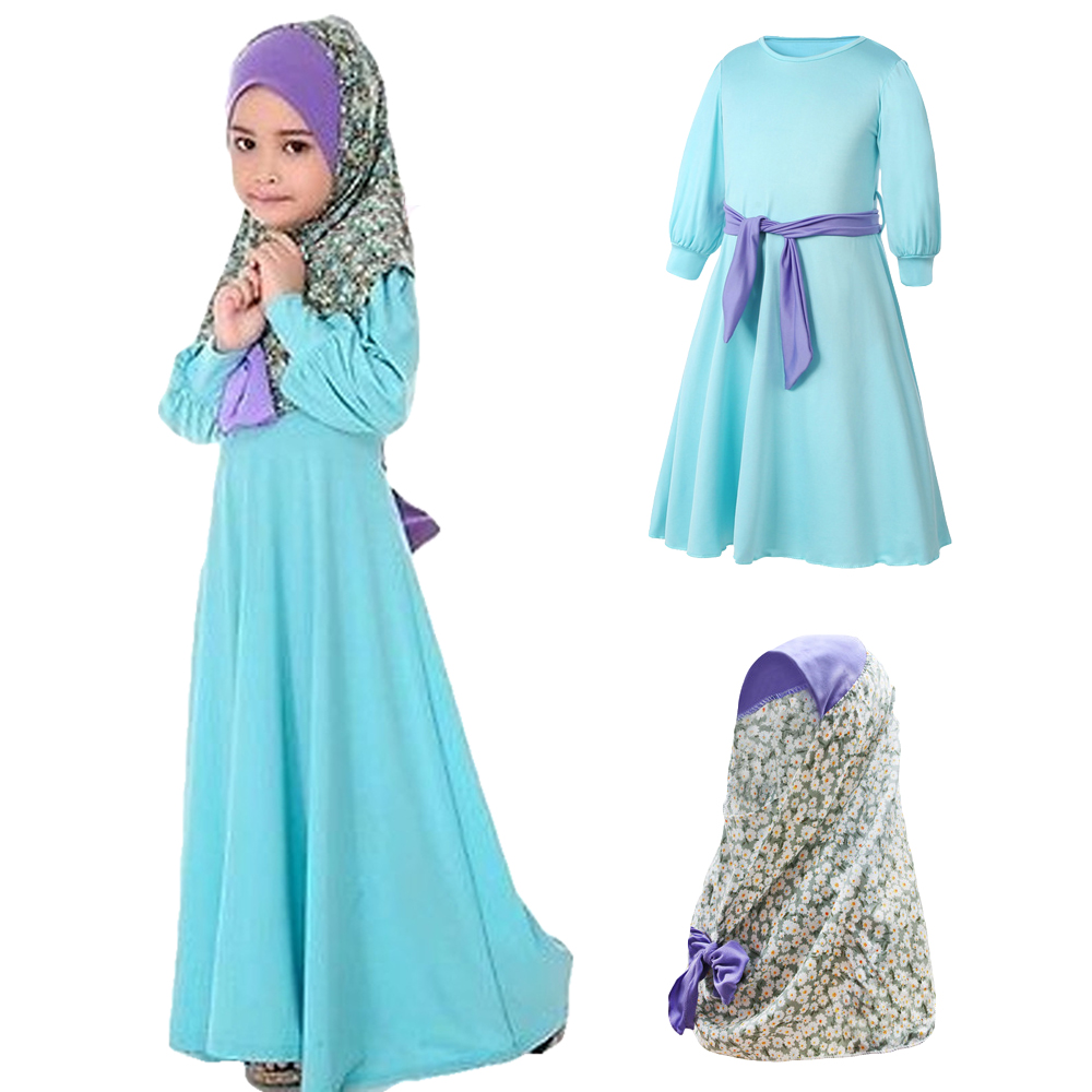 Muslim Islamic Kids Girls Maxi Dress Abaya Kaftan Scarf Hijab Arab ...
