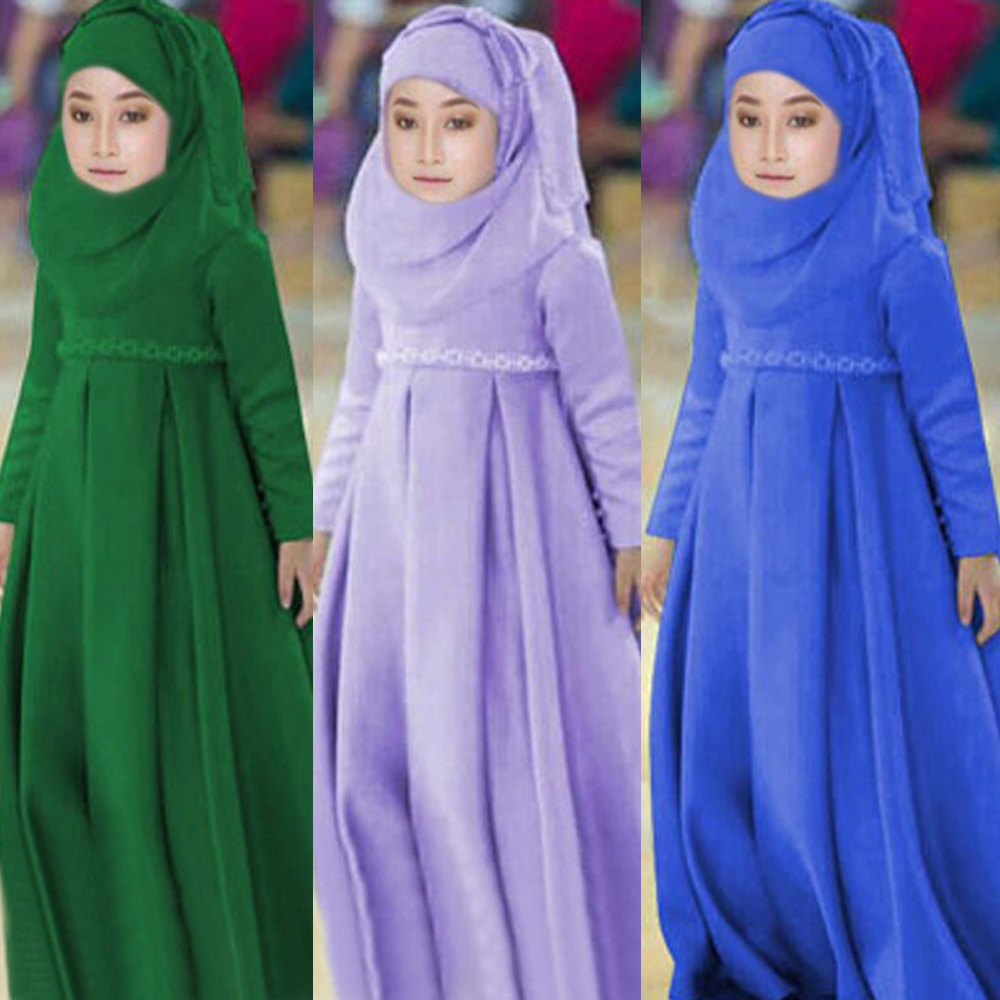 3Pcs Muslim Girls Kids Maxi Dress Hijab Scarf Bow Set Islamic Kaftan Abaya Party