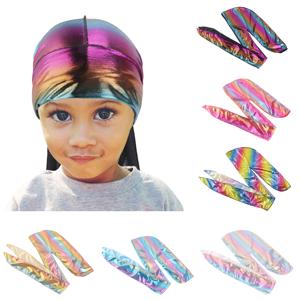 Kids Girls Silk Laser Bandana Wrap Hats Pirate Cap Durag Hair Loss