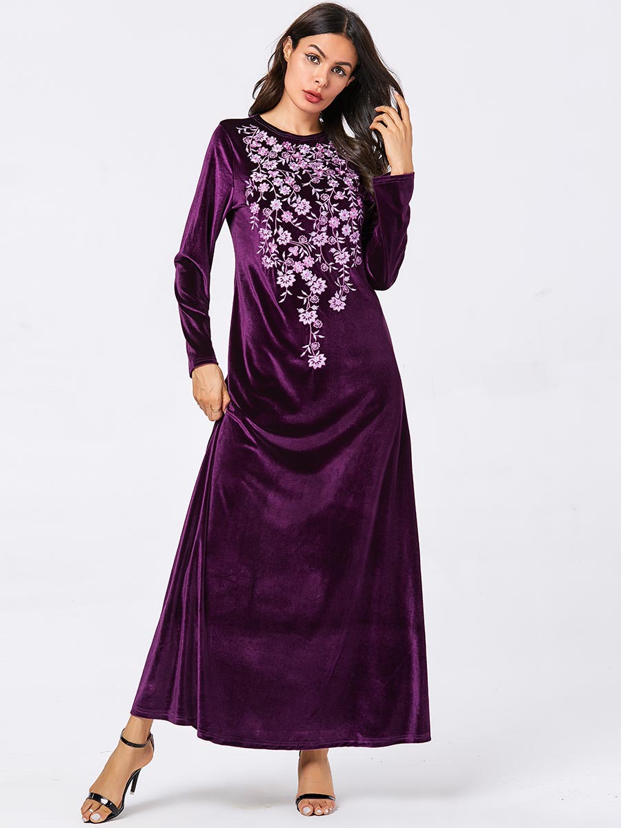 Purple Velvet Warm Muslim Long Sleeve Dress Abaya Embroidery Loose ...