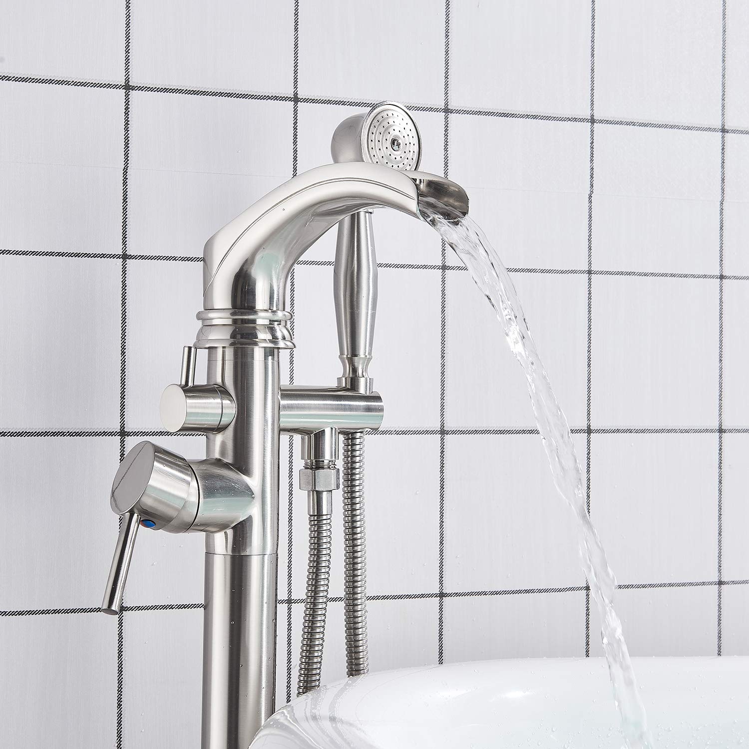 Details About Brushed Nickel Single Handle Freestanding Bathtub Faucet Waterfall Tub Spout Tap