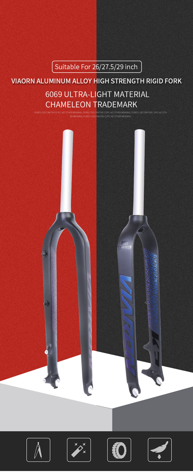 Bicycle Rigid Fork Aluminum Alloy 6069 MTB Mountain Road Hard Fork 26 27.5 29er