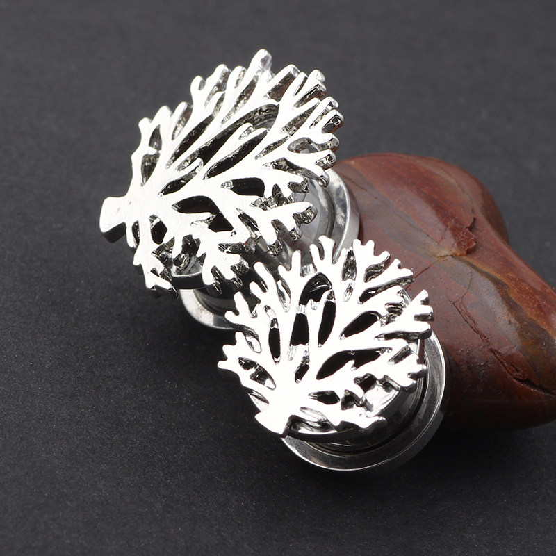 1 Pair Surgical Steel Flesh Tunnel Gold Silver Tree Ear Plug Screw Fit Expander