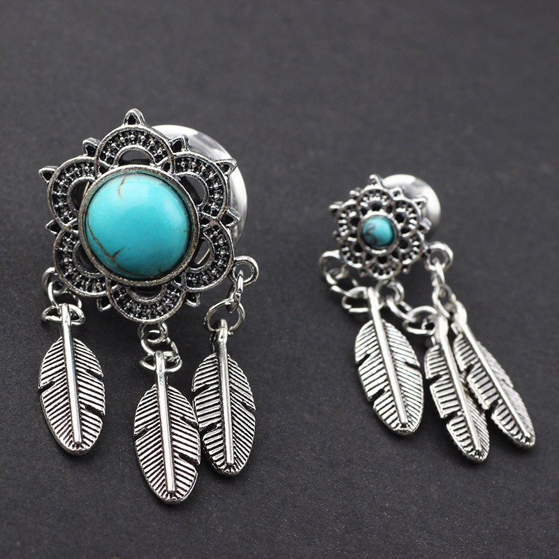 Paire de Turquoise Fleur Dream Catcher Feather Chain Dangle Ear Plug Flesh Tunnel