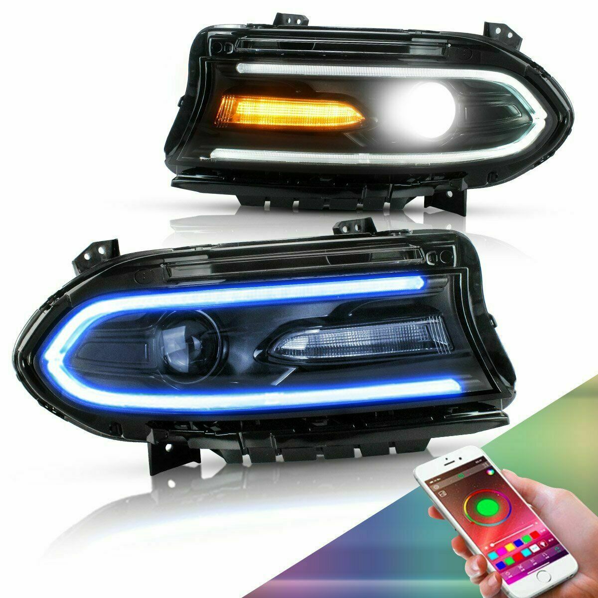 VLAND RGB LED Projector Headlights For 2015-2023 Dodge Charger – Black Housing, Clear Lens