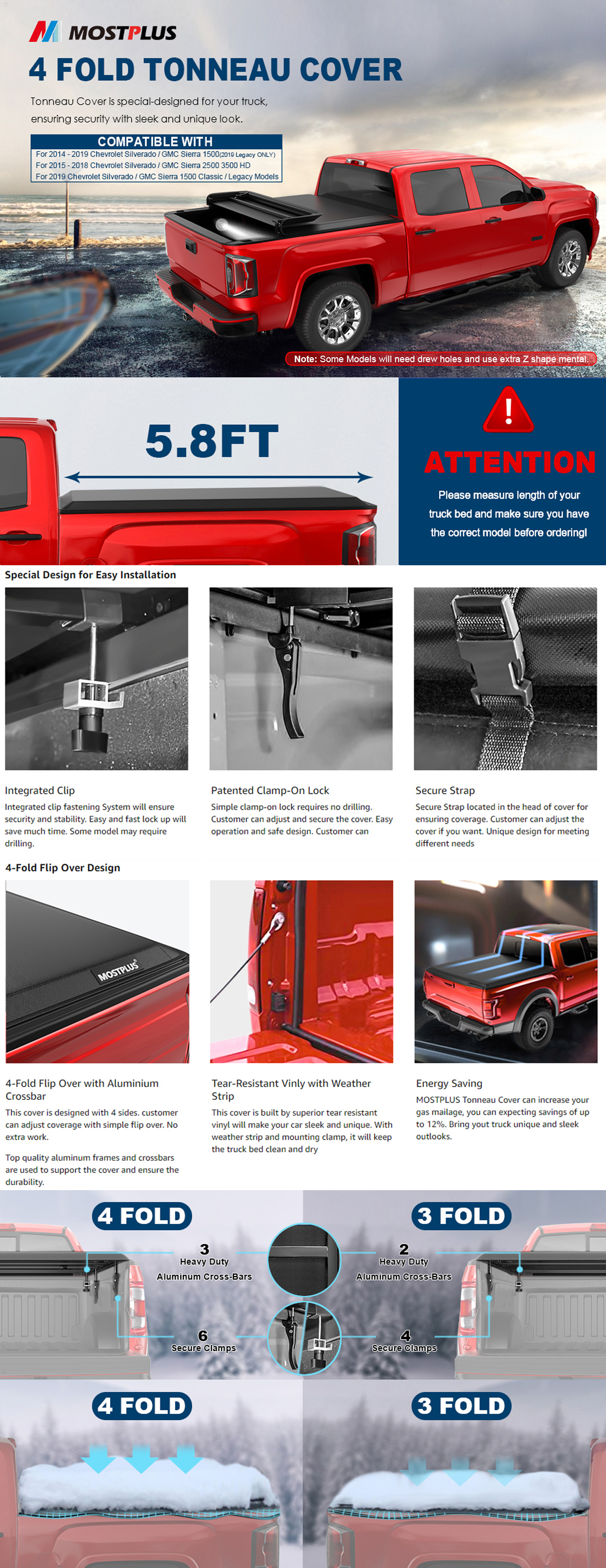 Tri-Fold 5.8FT Bed Tonneau Cover For 2014-2019 Chevy Silverado GMC Sierra 1500