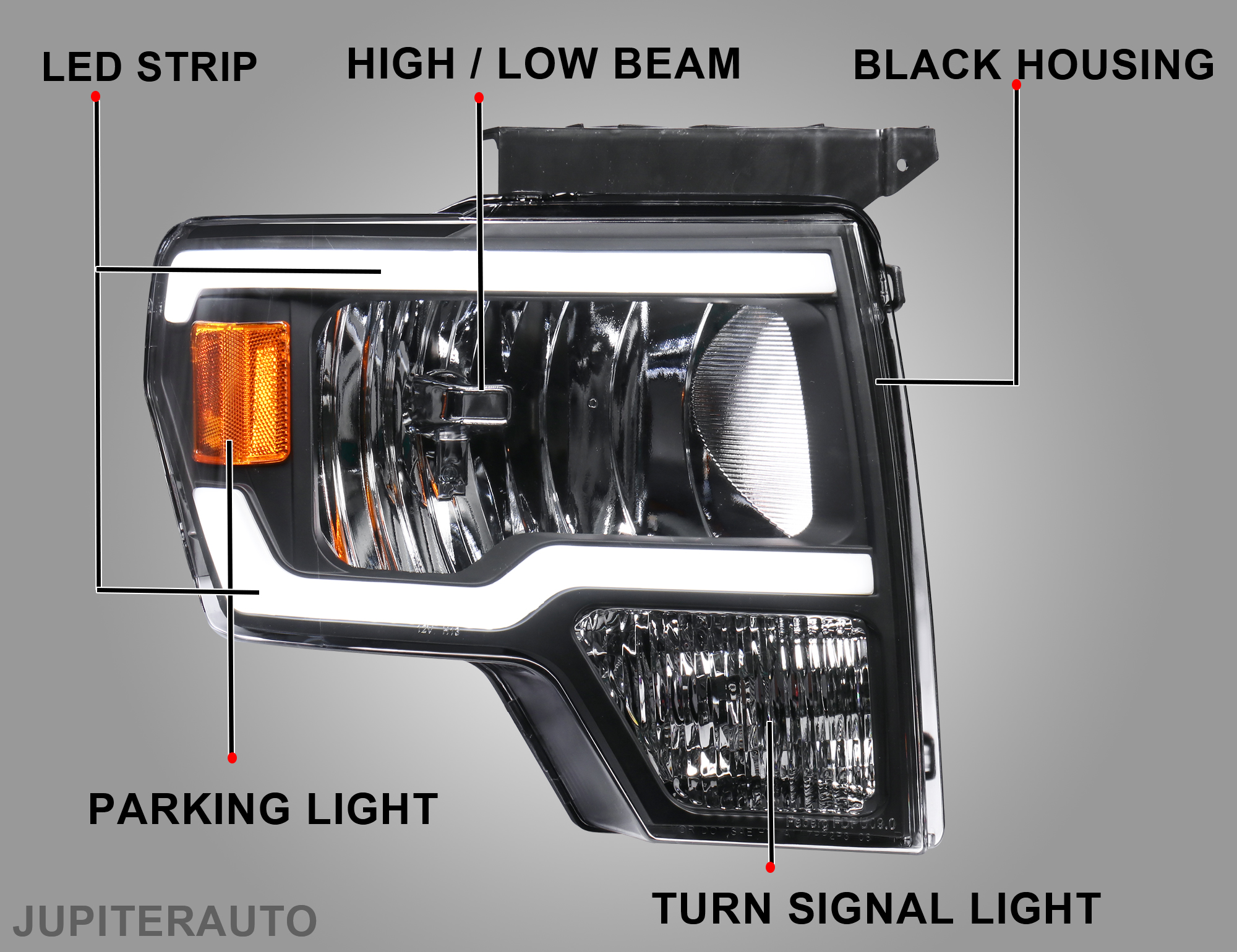 Jupiterauto Black Headlights Assembly Pair – For 2009-2014 Ford F-150 – LED DRL (Halogen Beam)