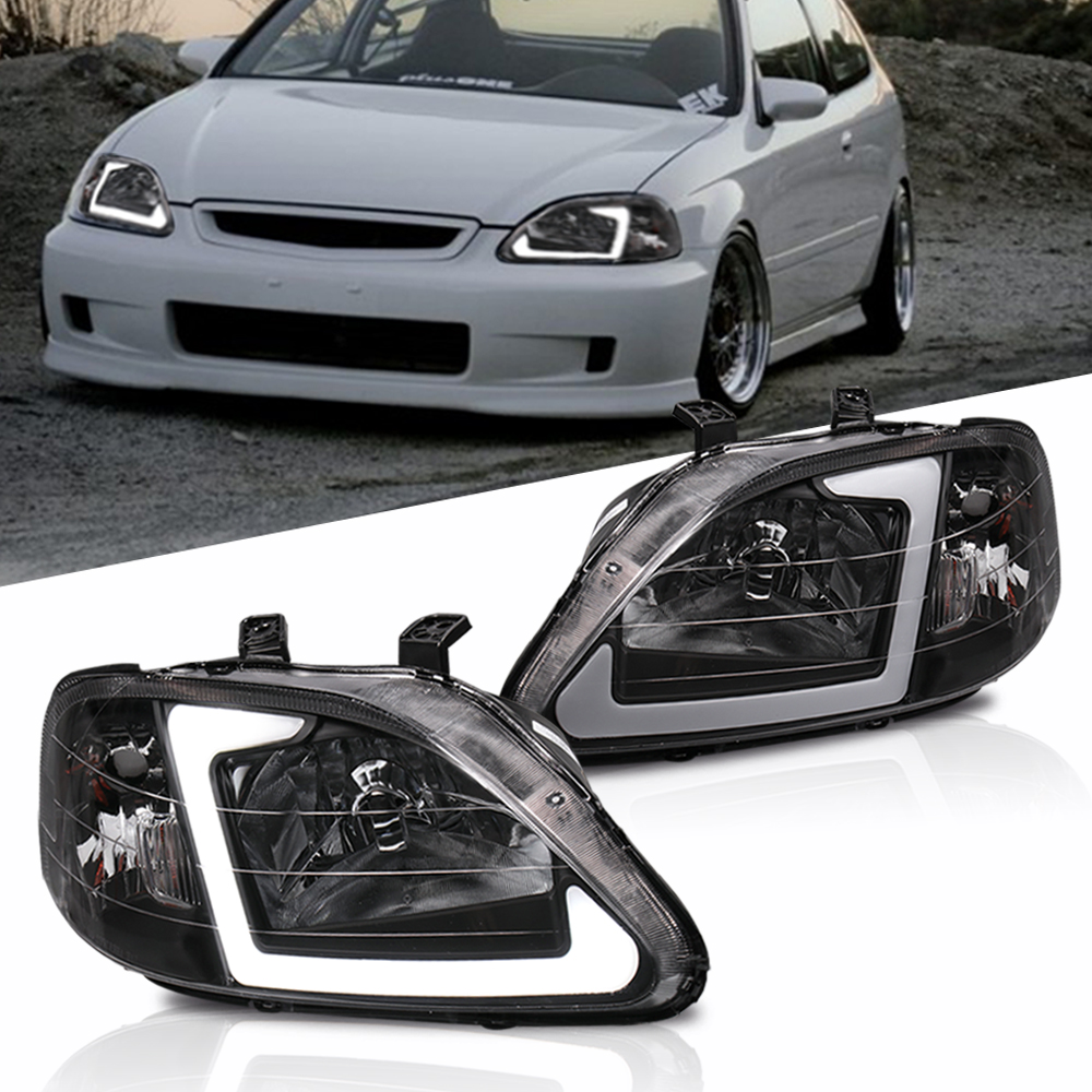 Pair LED DRL Tube Headlights Assembly For 1999-2000 Honda Civic EK