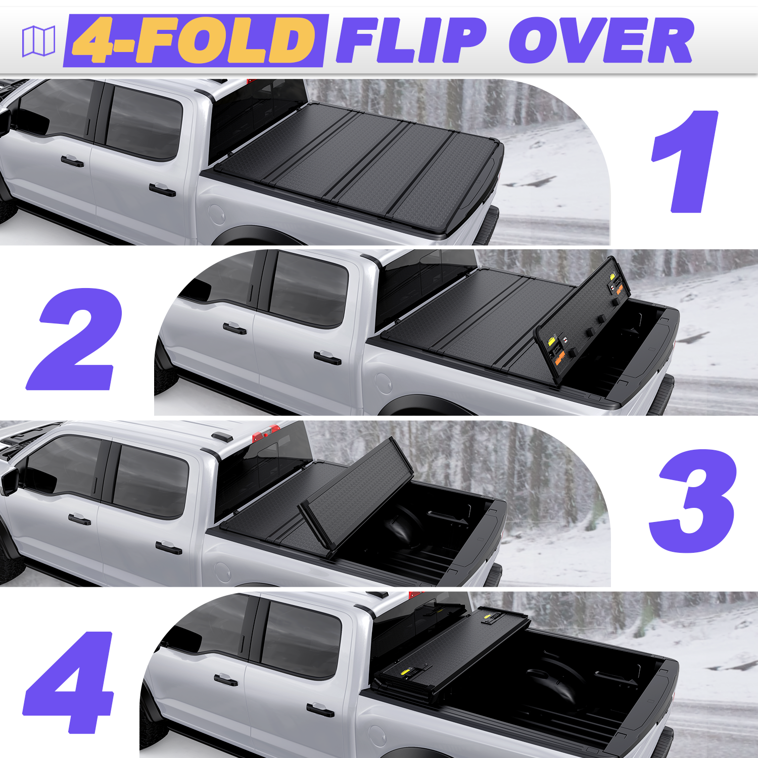 TITANICPARTS 4-Fold Truck Tonneau Cover – 5.5ft Bed – For 2015-2025 Ford F150 – With LED Lamp, Black, Clamp-On-1147469