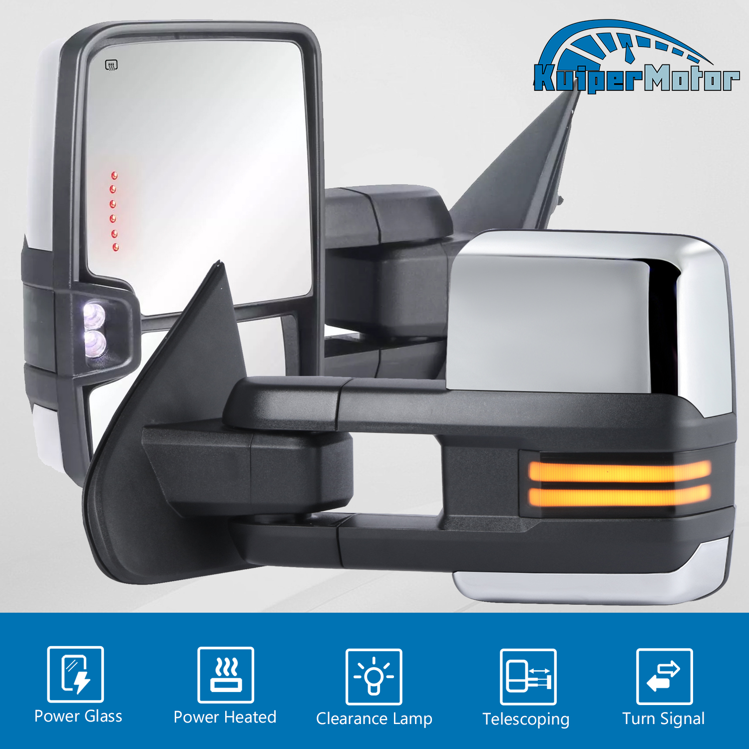 AutoGalaxy Switchback Power Fold Tow Mirrors W/ White Running Lights For 2014-2018 Silverado & Sierra 1500/2500/3500 – Heated, LED Signals, Chrome & Black