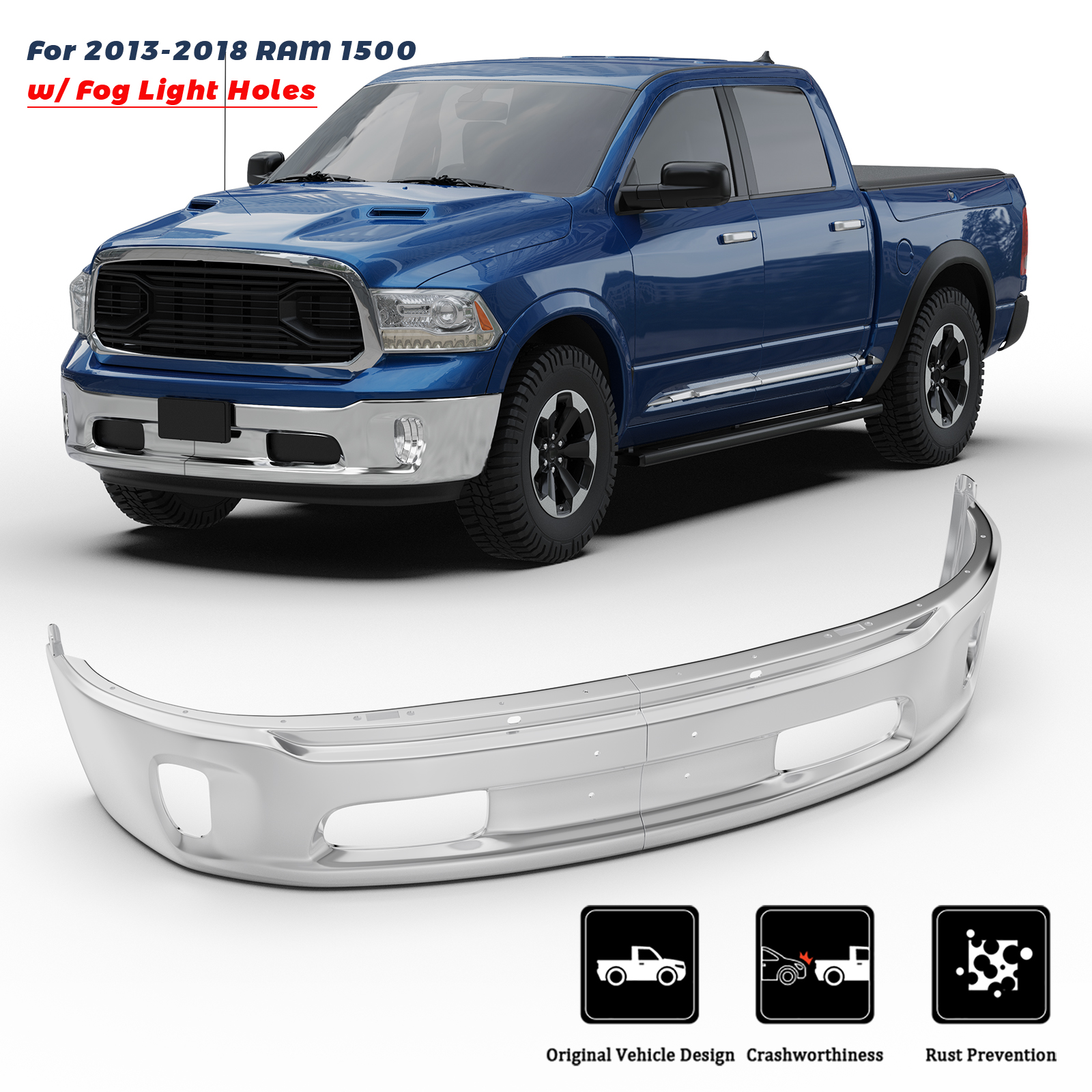 Chrome Front Bumper Face Bar For Dodge Ram 1500 & Classic 2013-2024 – W/ Fog Light Holes