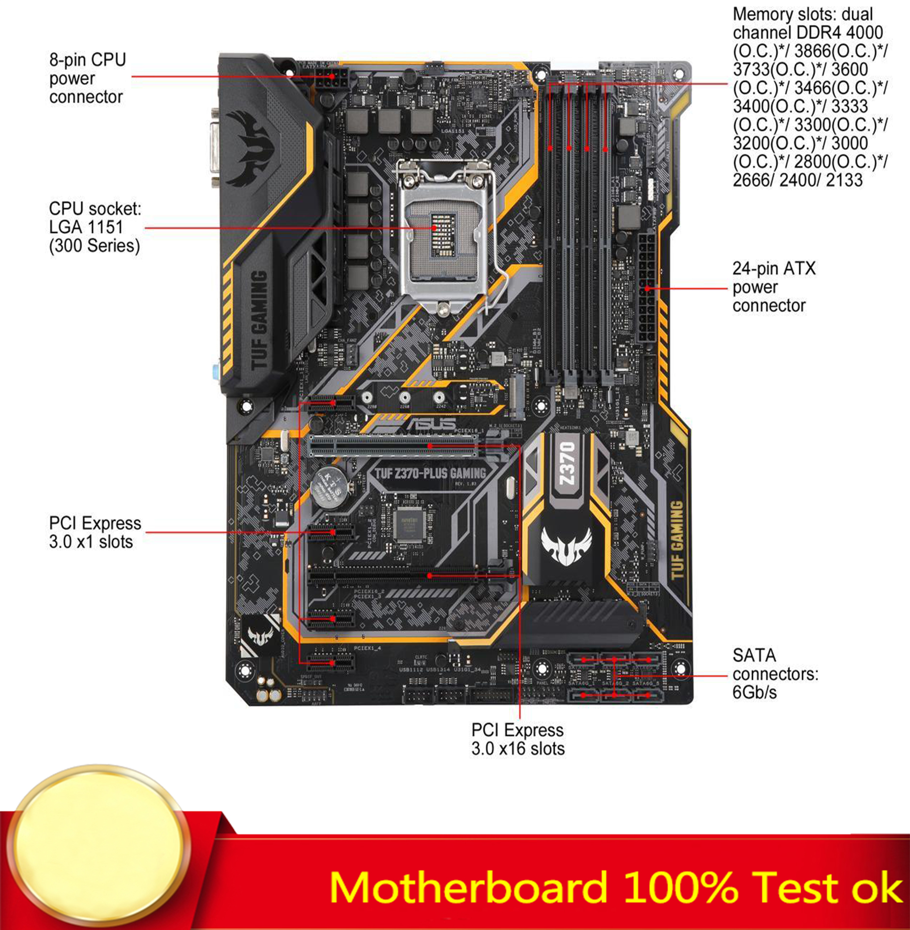 For Asus Tuf Z370 Plus Gaming Motherboard Supports I7 9900k 64gb 100 Test Work Ebay