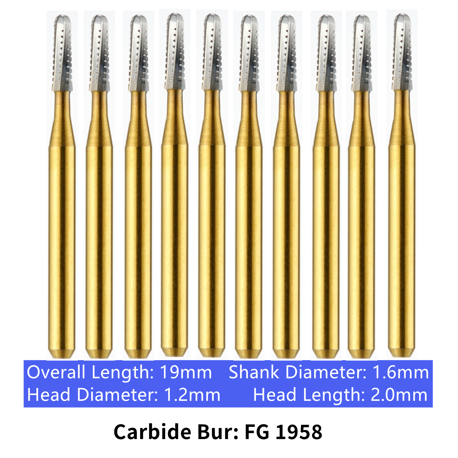 10-100pc Dental Carbide Burs Friction Grip Gold Burs FG 1958 Straight Dome End