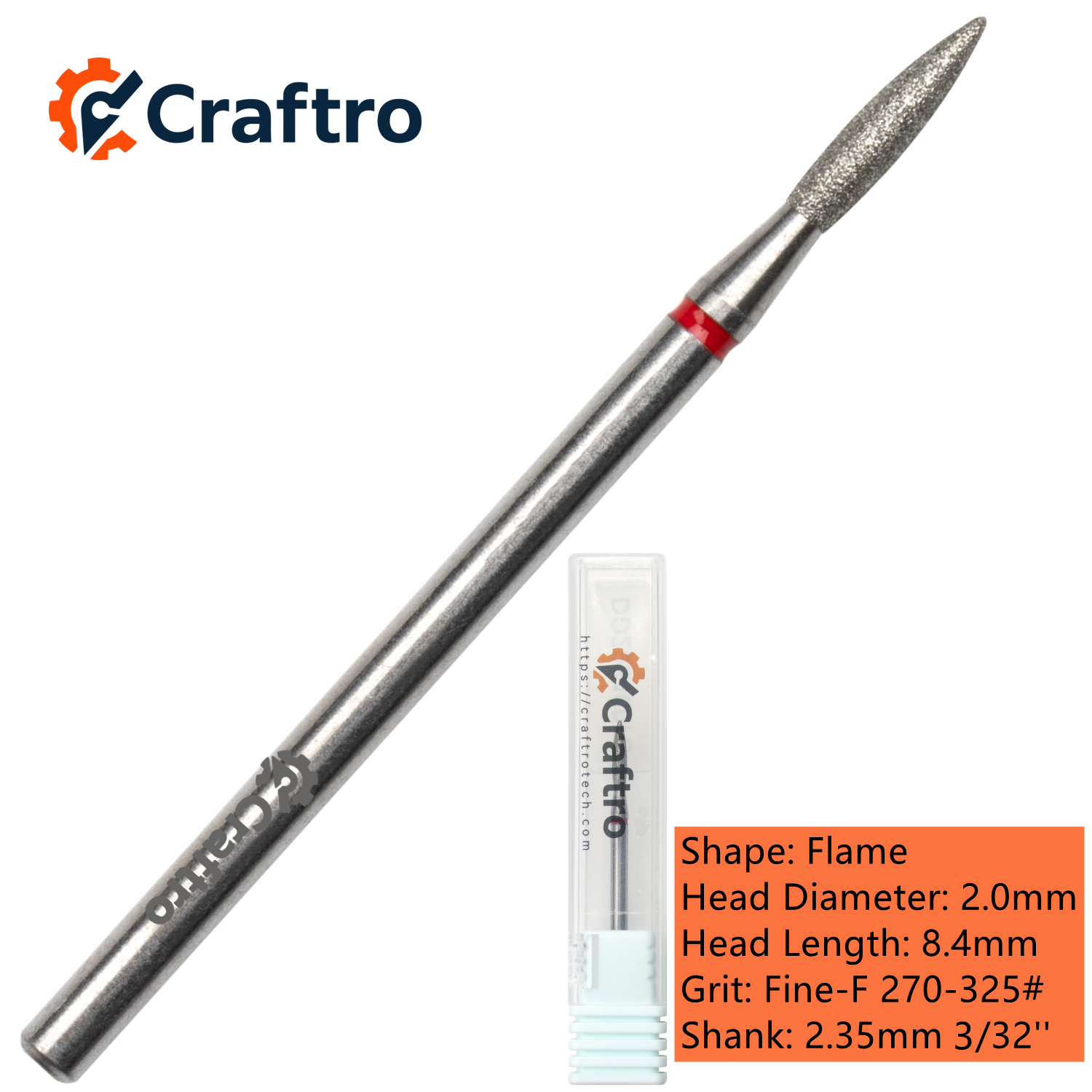 Craftro 3/32” Diamond Nail Drill Bit for Electric E-File Flame Shape Fine Medium