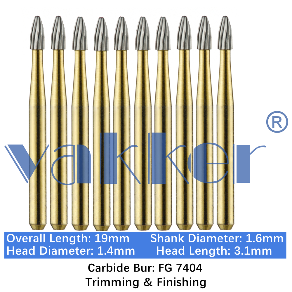 10-100pcs Vakker Dental Trimming & Finishing Gold Burs Egg Carbide Burs FG 7404